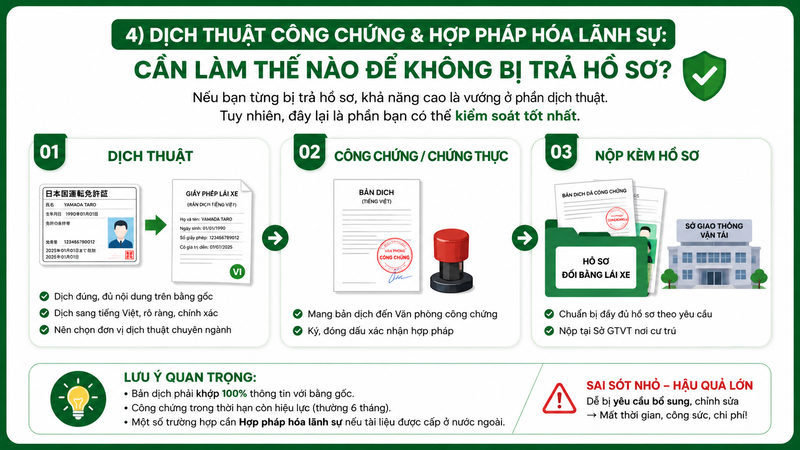 Đổi bằng lái xe Nhật Bản sang Việt Nam: Thủ tục 4 Dịch thuật công chứng & hợp pháp hóa lãnh sự: cần làm thế nào để không bị trả hồ sơ?
