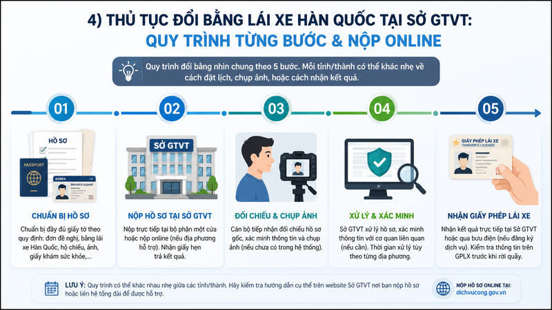 Thủ tục đổi bằng lái xe Hàn Quốc tại Sở GTVT: quy trình từng bước & nộp online
