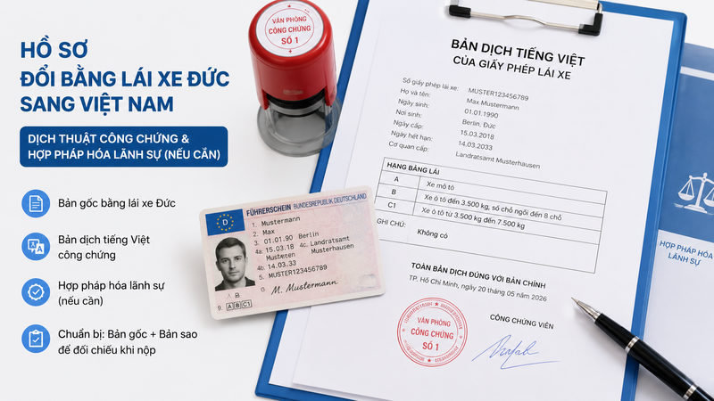 Hồ sơ đổi bằng lái xe Đức sang Việt Nam (dịch thuật công chứng & hợp pháp hóa lãnh sự nếu cần)